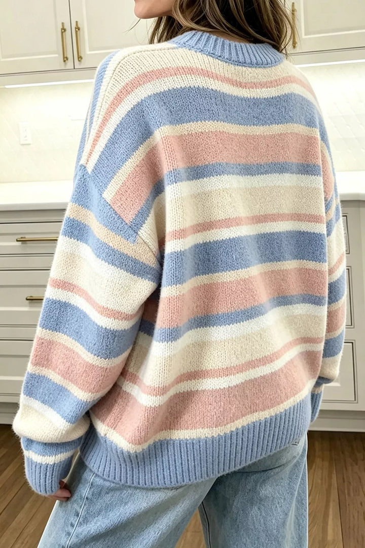 Striped drop shoulder mock neck pullover sweater
