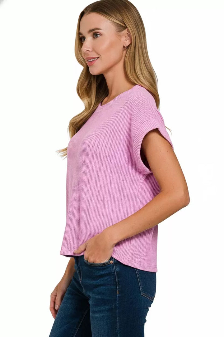 Waffle knit boxy crew neck top with cuffed sleeves