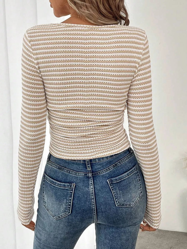 Striped square neck long sleeve knit top