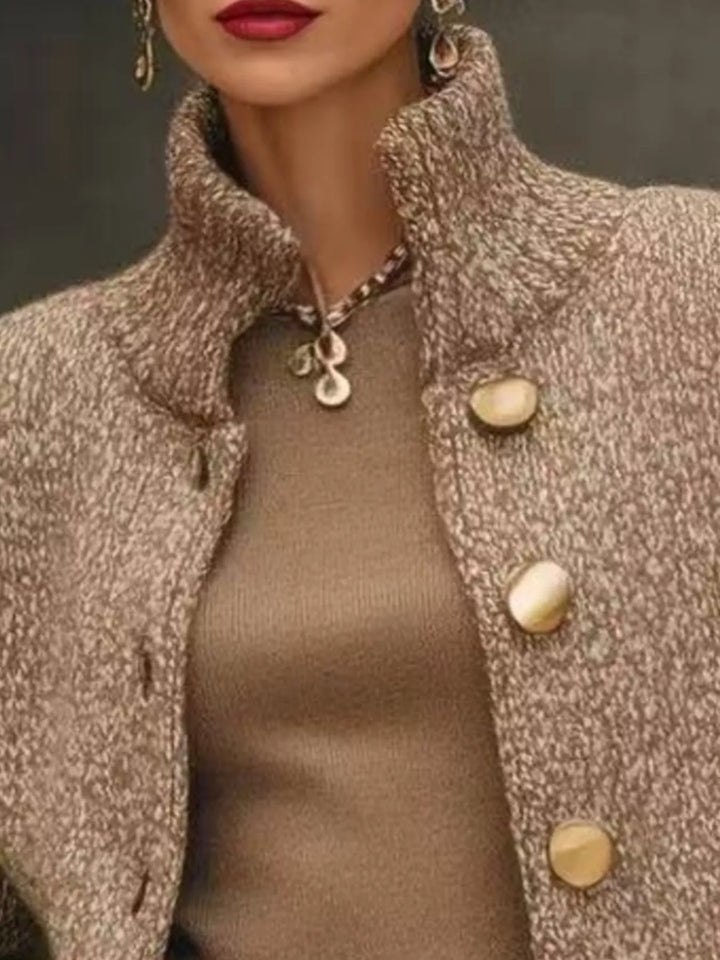 Marled knit stand-collar button-down cardigan