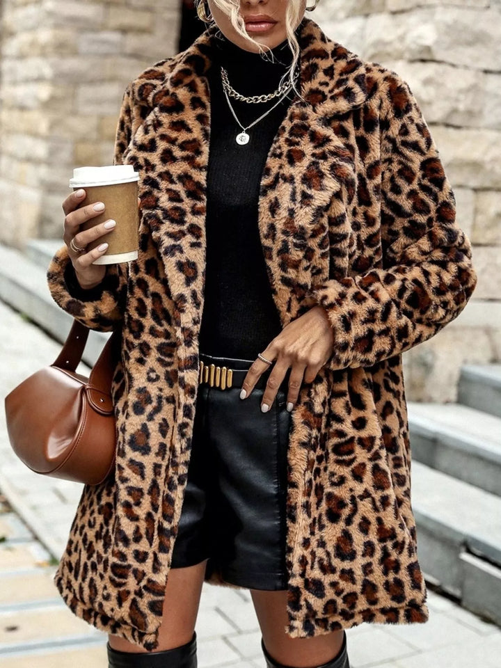 Leopard print faux fur longline coat with notch lapels