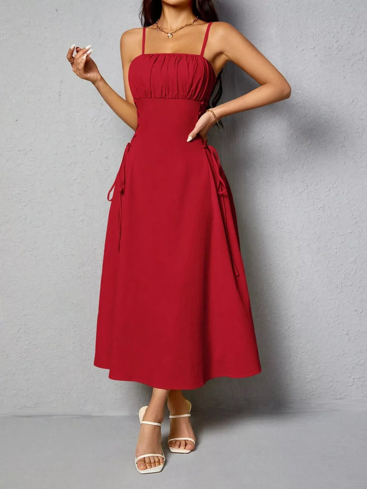 Lace-up side A-line midi dress with ruched bodice