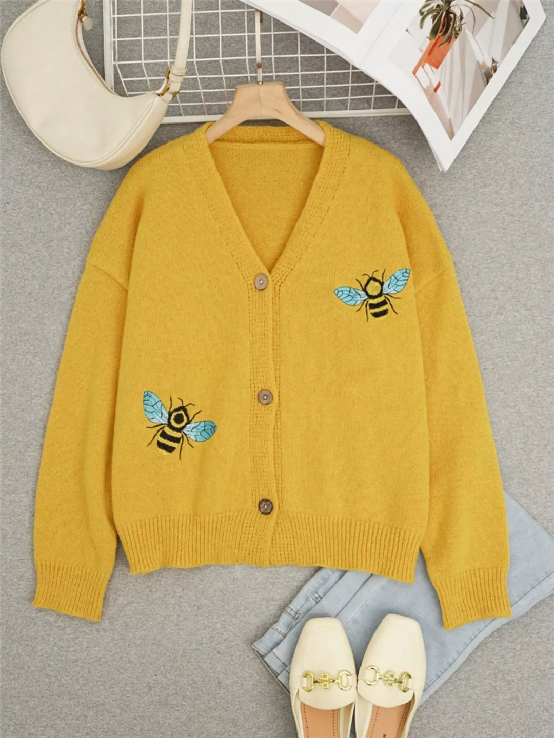 Bee embroidered knit button-down cardigan