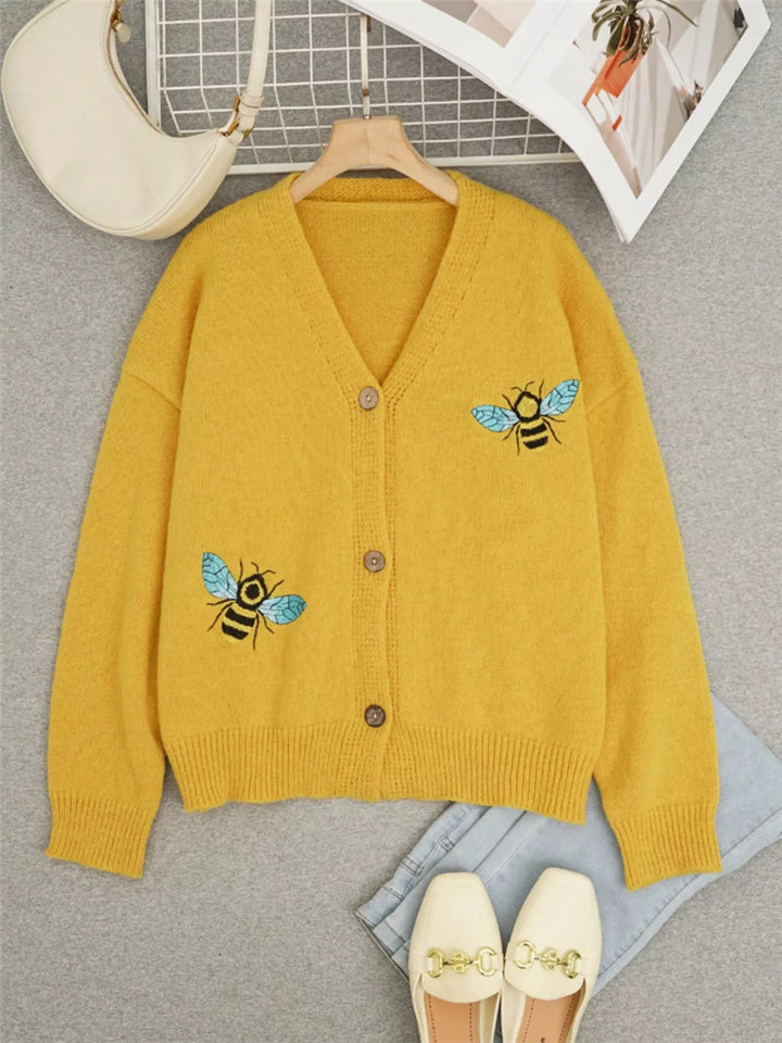 Bee embroidered knit button-down cardigan