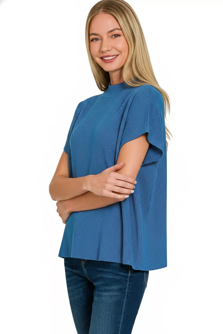 Ribbed mock neck short sleeve boxy sweater