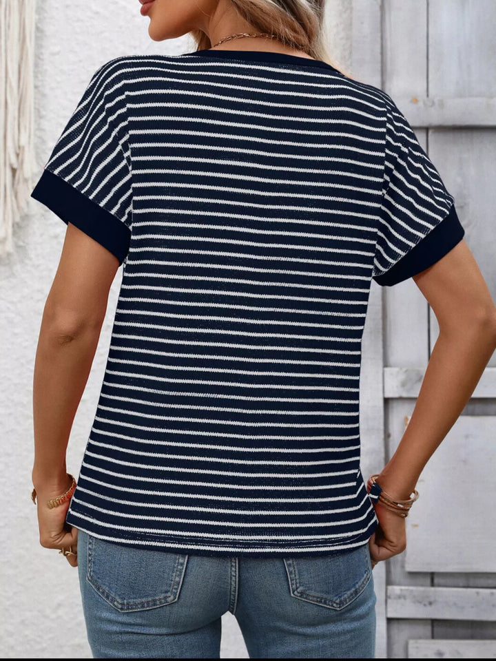 Striped short sleeve knit tee with contrast trim
