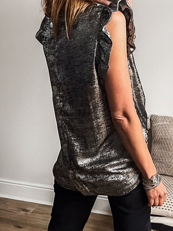 Metallic ruffle cap sleeve round neck top
