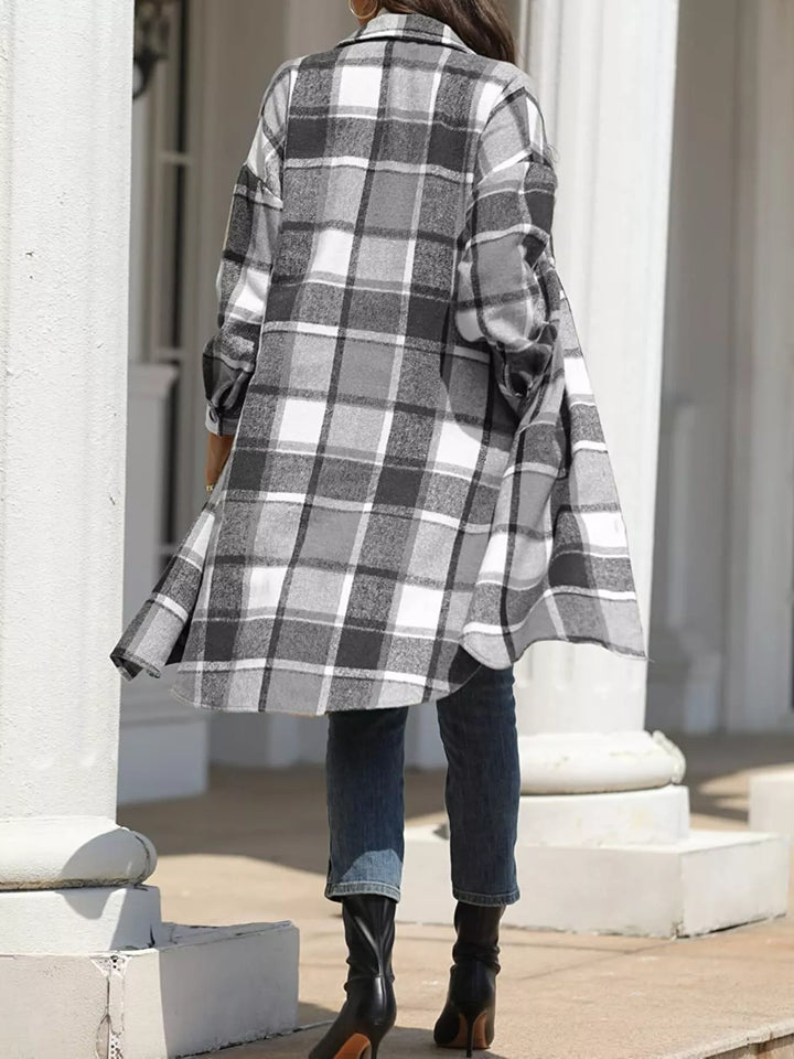 Longline plaid button-up coat with chest pockets