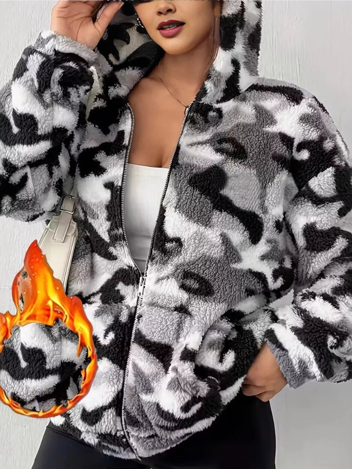 Cropped fuzzy camo zip-up fleece hoodie jacket