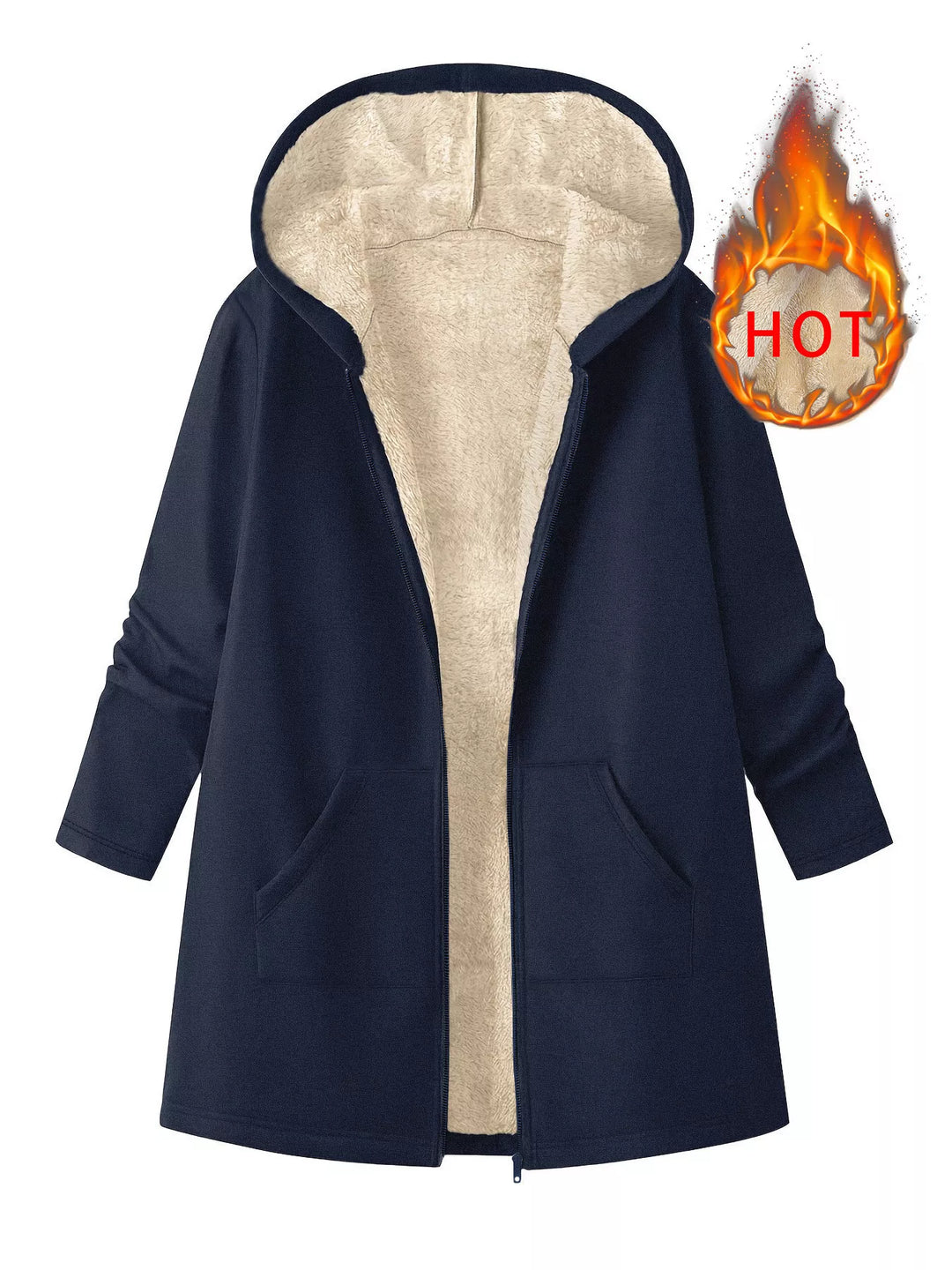 Navy Sherpa-lined hooded zip longline jacket with pockets