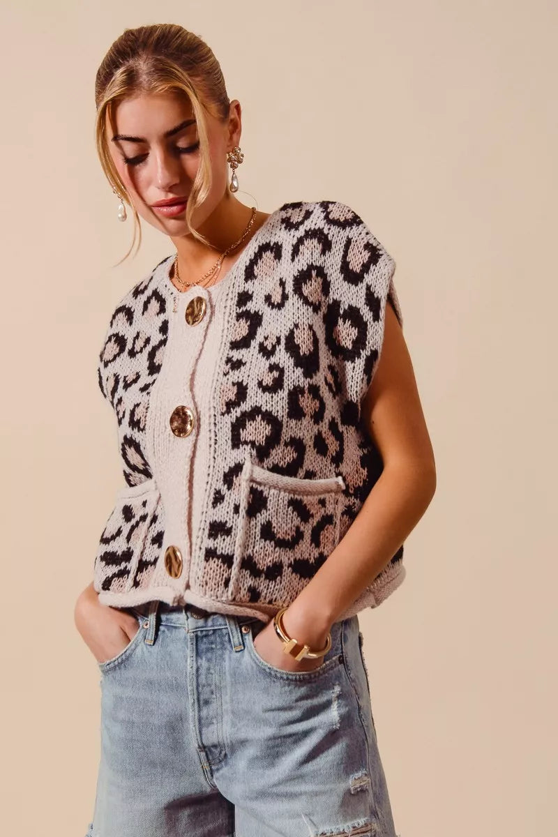 Leopard knit button-front sweater vest with gold buttons