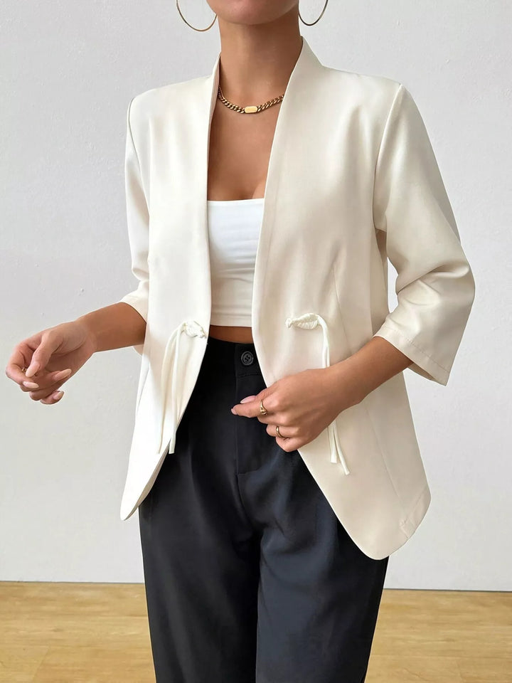 Open-front tie-waist blazer with three-quarter sleeves
