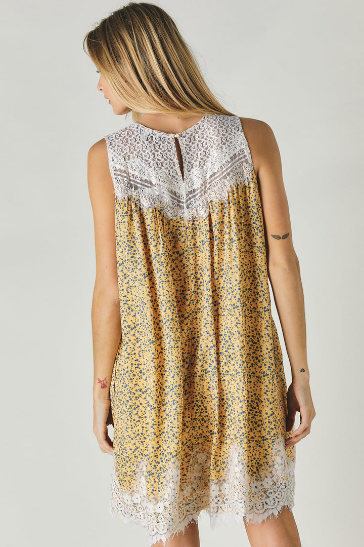 Printed Sleeveless Lace Trim Mini Dress - Azoroh