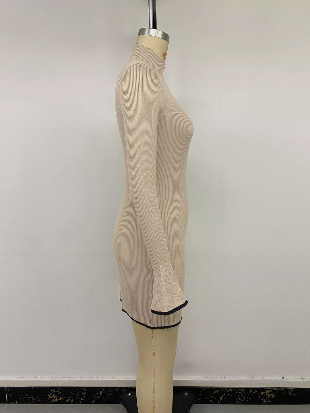 Ribbed knit mock neck flare sleeve mini sweater dress
