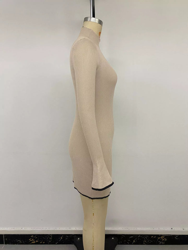 Ribbed knit mock neck flare sleeve mini sweater dress