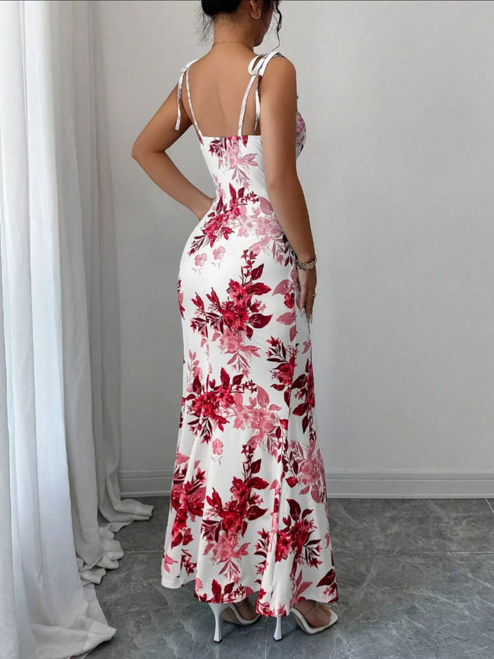 Floral print tie-strap maxi dress with side slit
