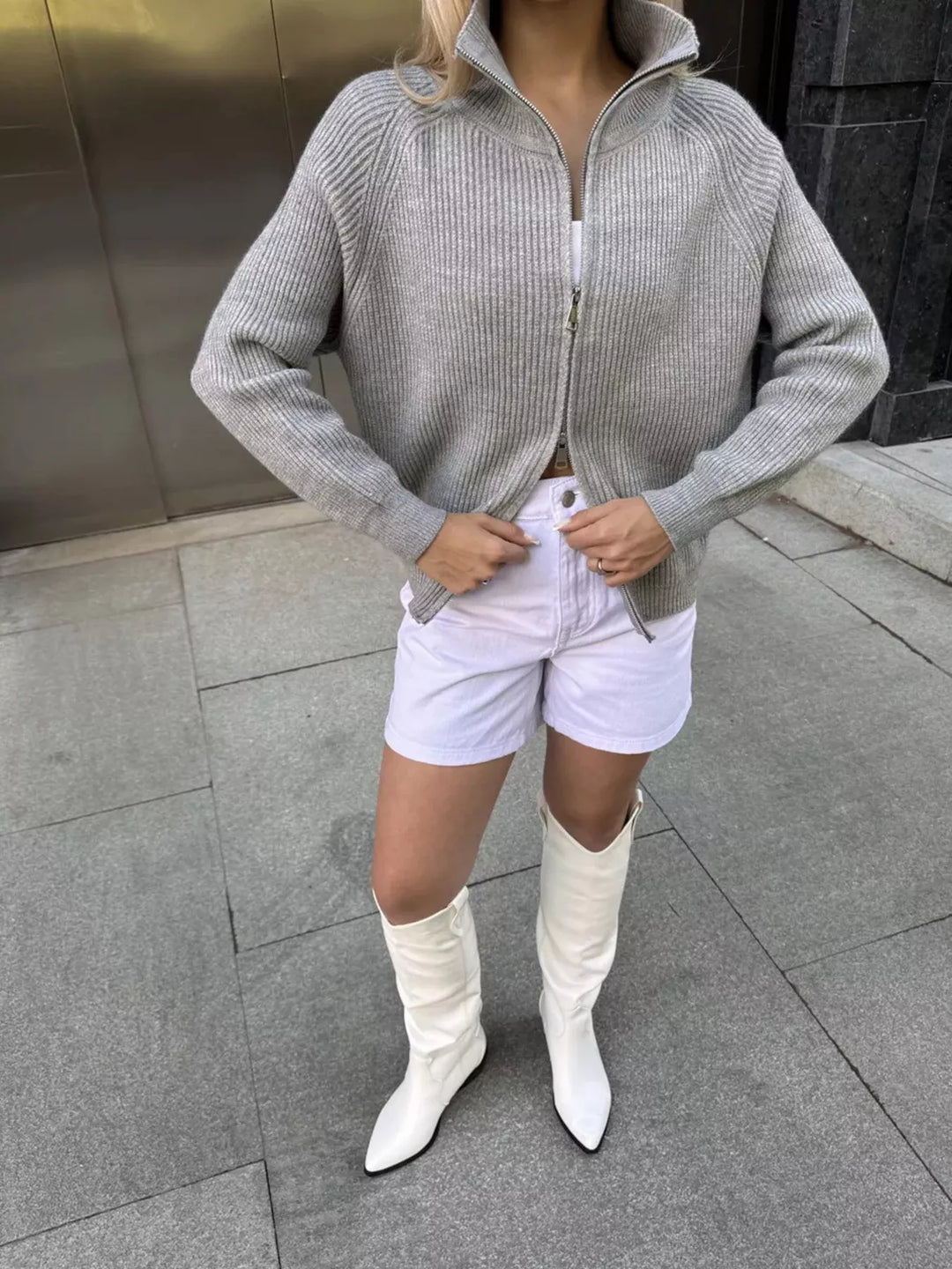 Zip-up ribbed knit cardigan with funnel neck and drop shoulders
