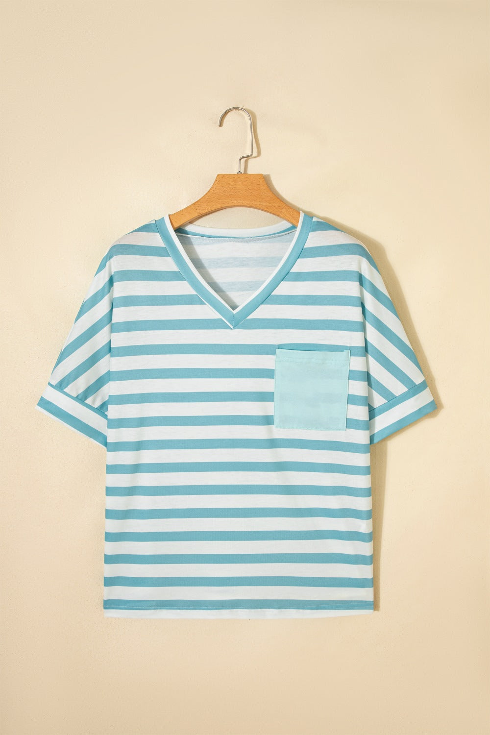 Striped V-neck tee with chest patch pocket