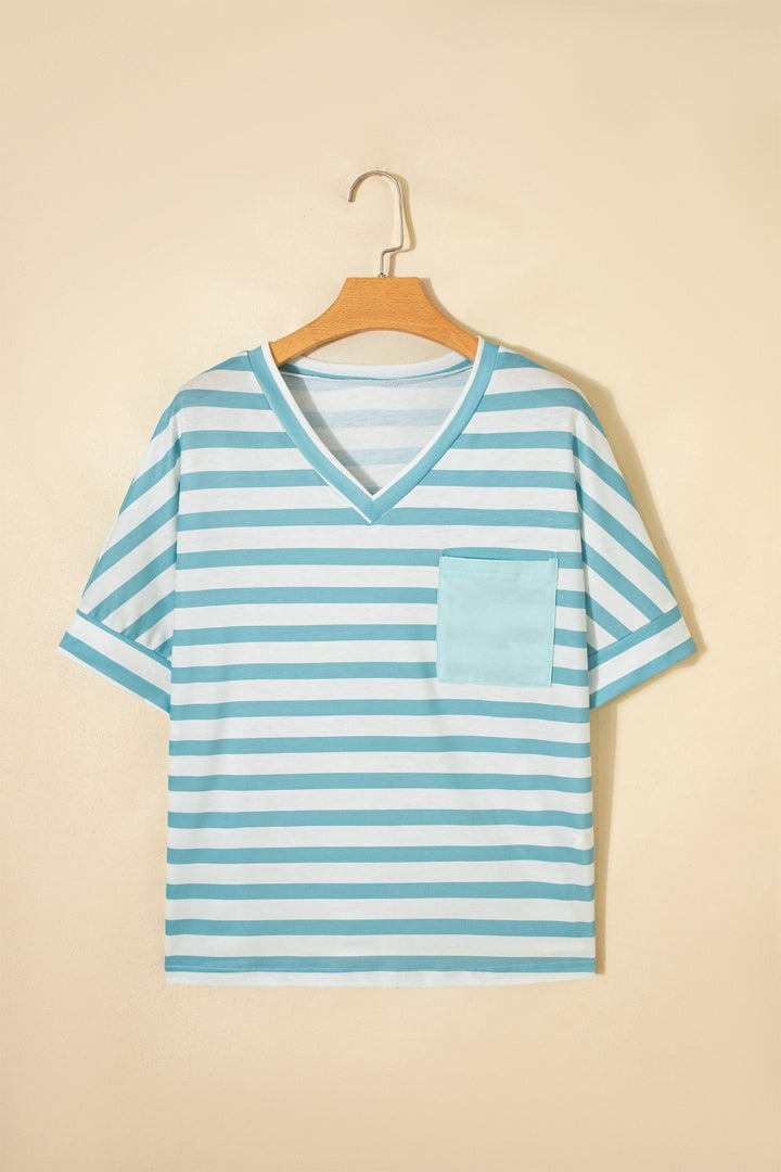 Striped V-neck tee with chest patch pocket