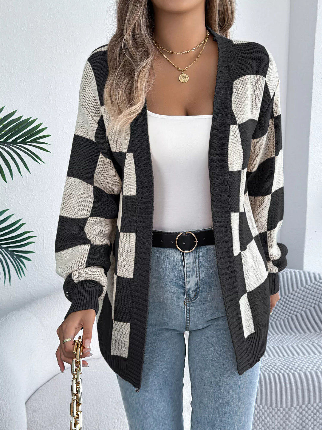 Checkerboard open front knit cardigan with ribbed trim