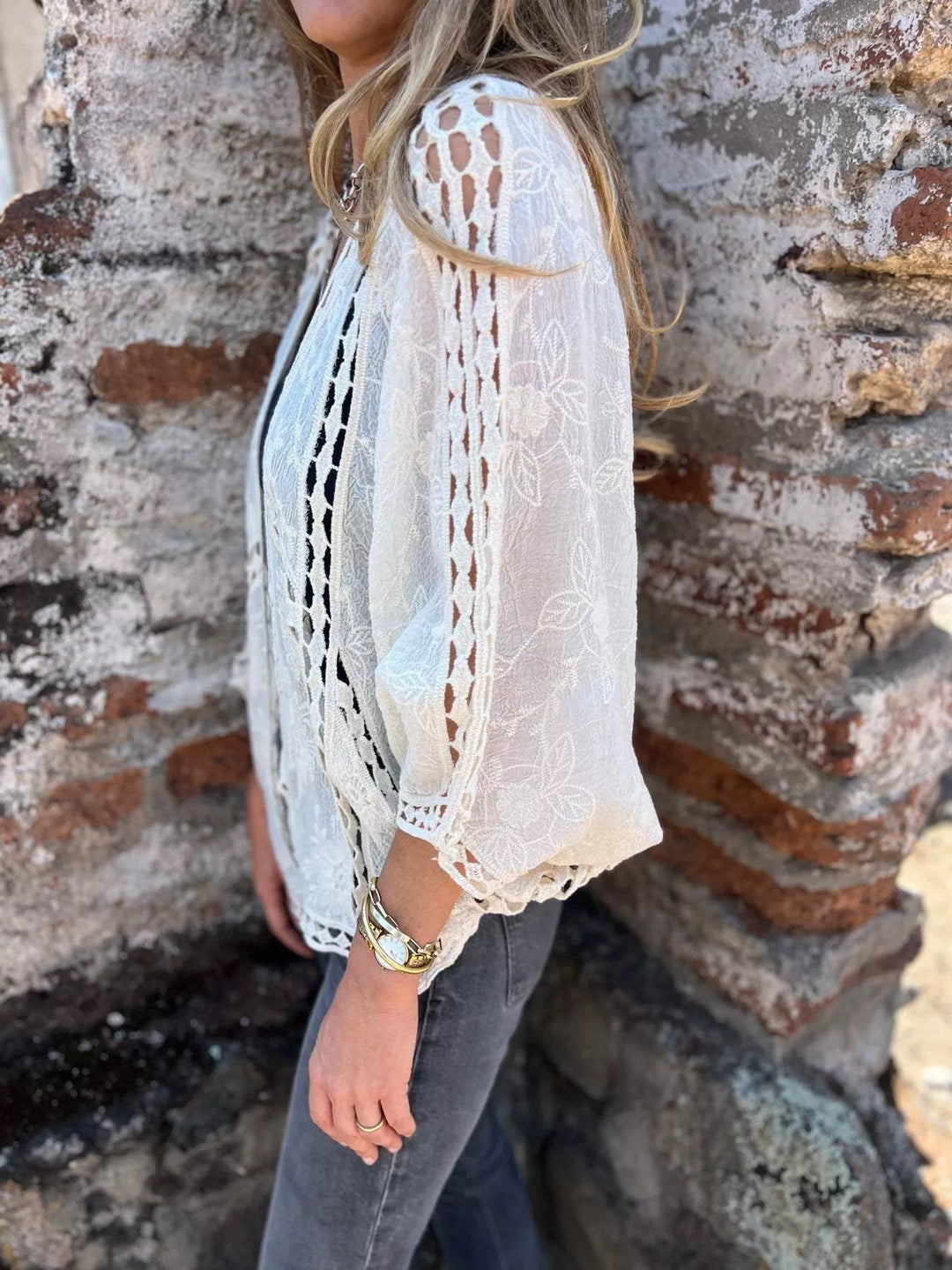 Embroidered floral lace open-front cardigan with crochet trim