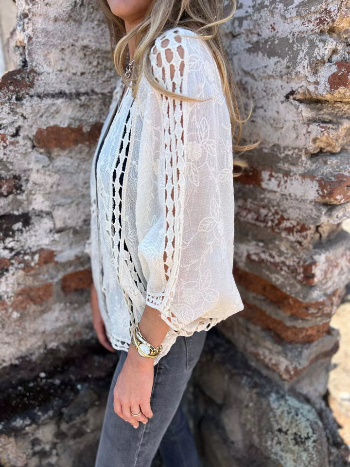 Embroidered floral lace open-front cardigan with crochet trim