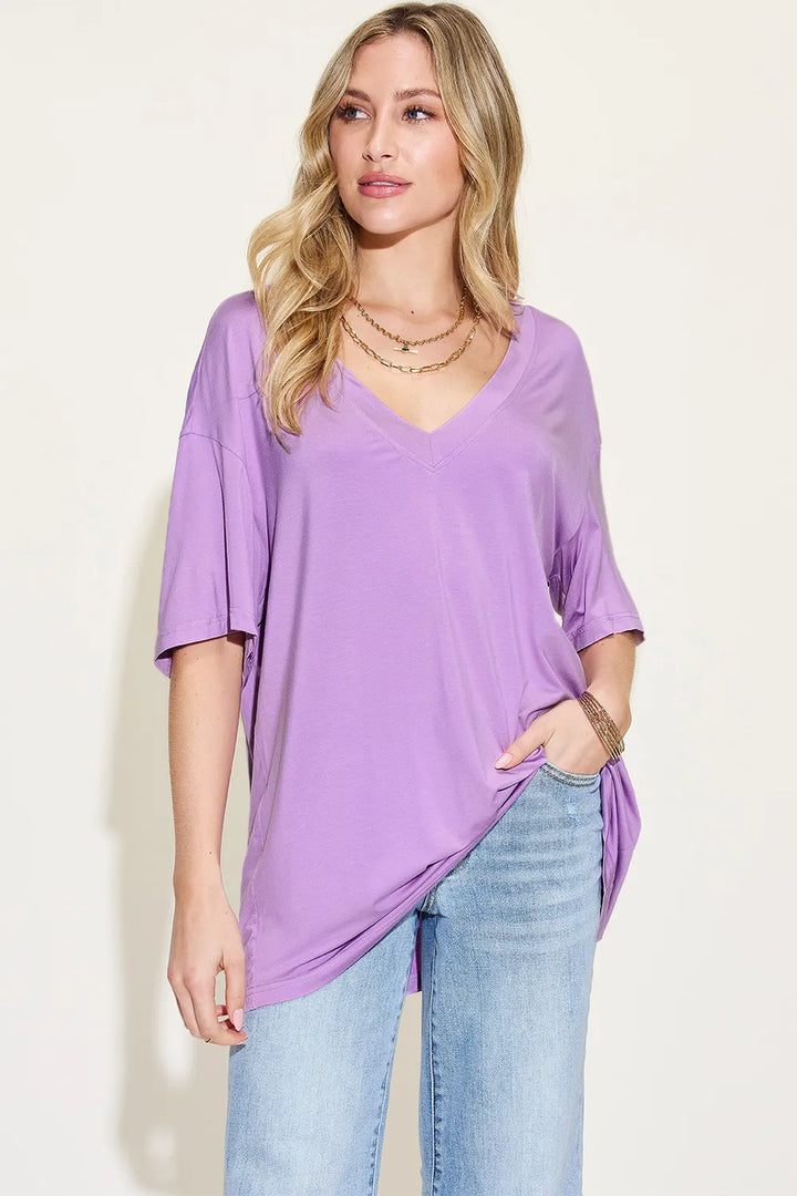 Bamboo blend drop-shoulder v-neck oversized tee