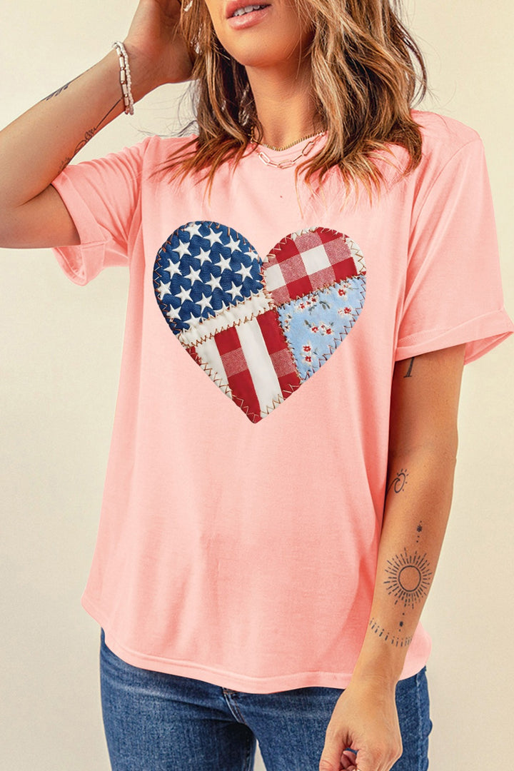 Patriotic patchwork heart graphic crew neck tee