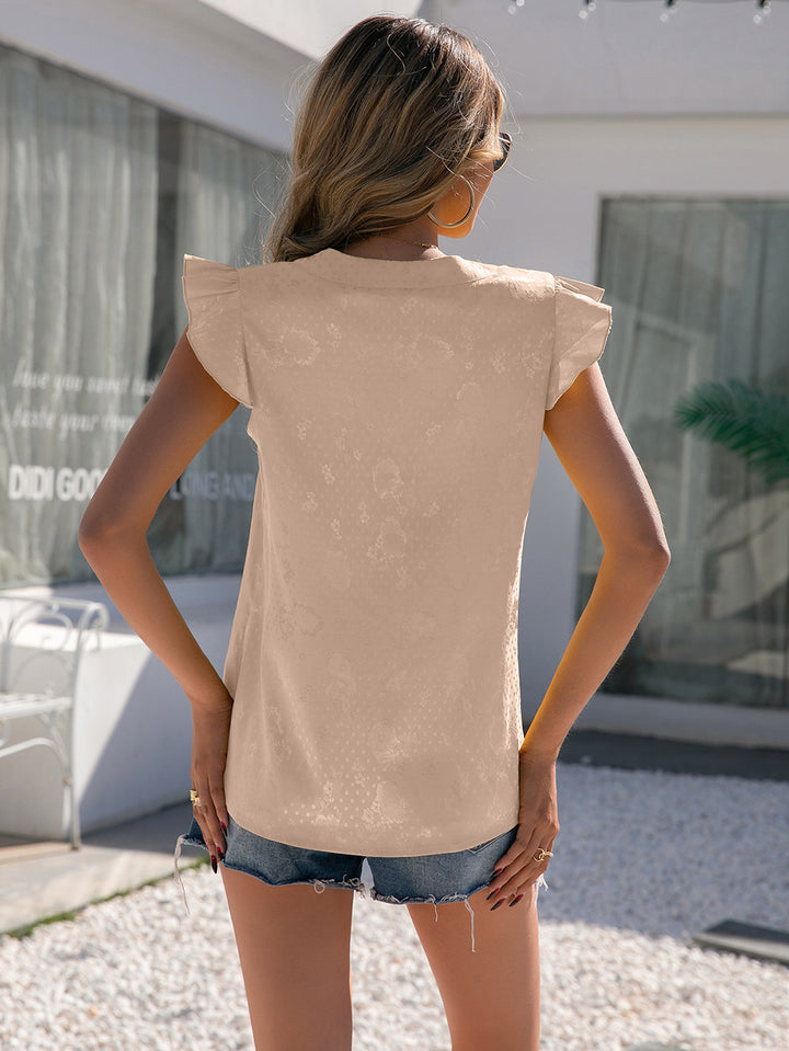 Ruffle flutter sleeve blouse with notched V-neck