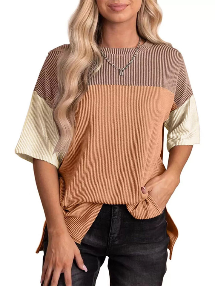 Khaki Ribbed color block short sleeve top with side slits