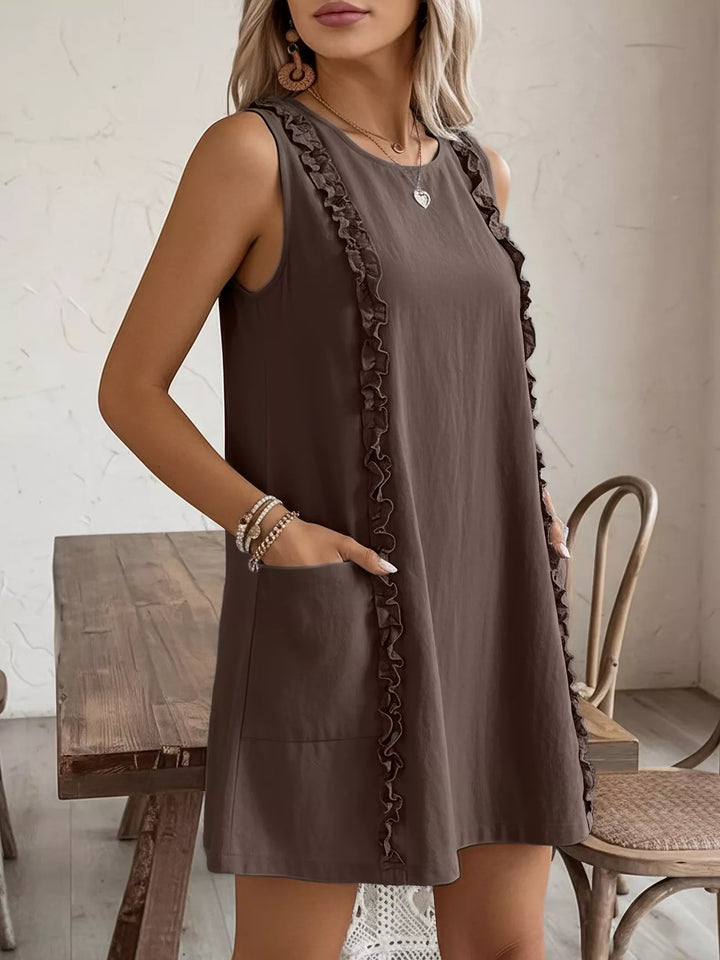 Ruffle-trim sleeveless mini dress with side pockets
