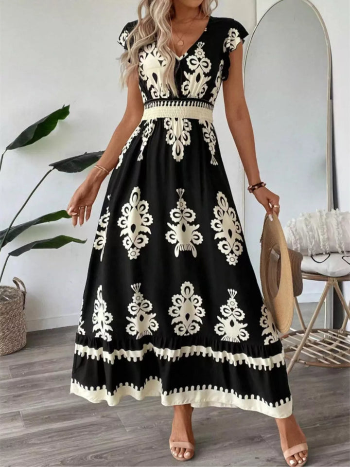 Ornate print v-neck maxi dress with flutter sleeves