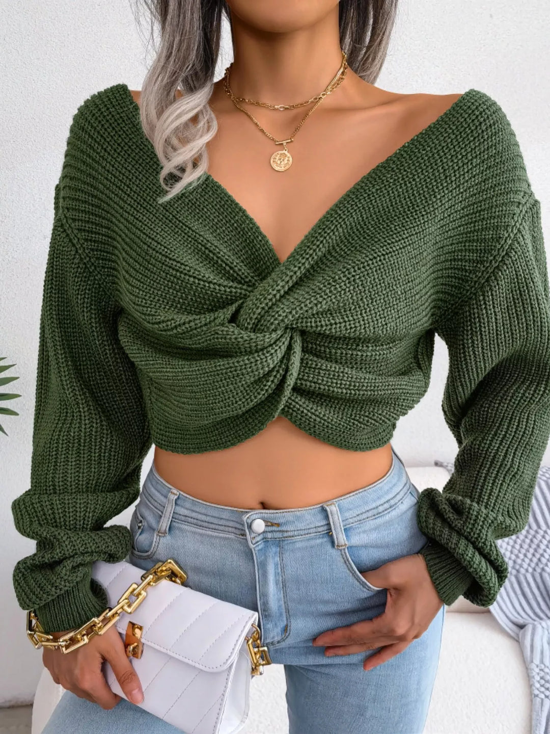 Twist-front ribbed knit cropped sweater