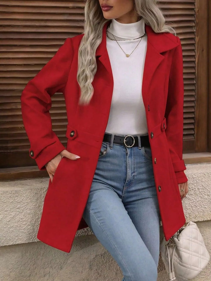 Single-breasted lapel coat with waist tabs and pockets