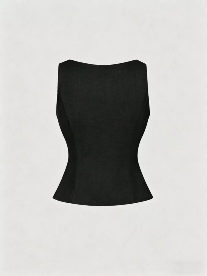 Structured button-front vest with rhinestone flower embellishments