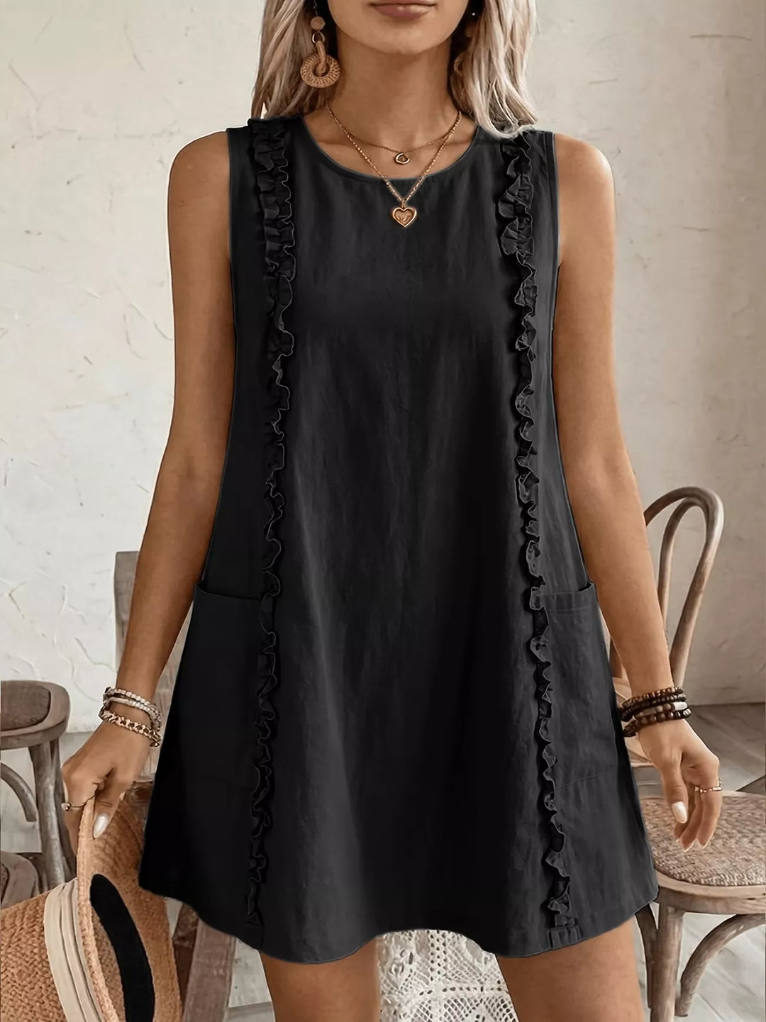 Black Ruffle-trim sleeveless mini dress with side pockets