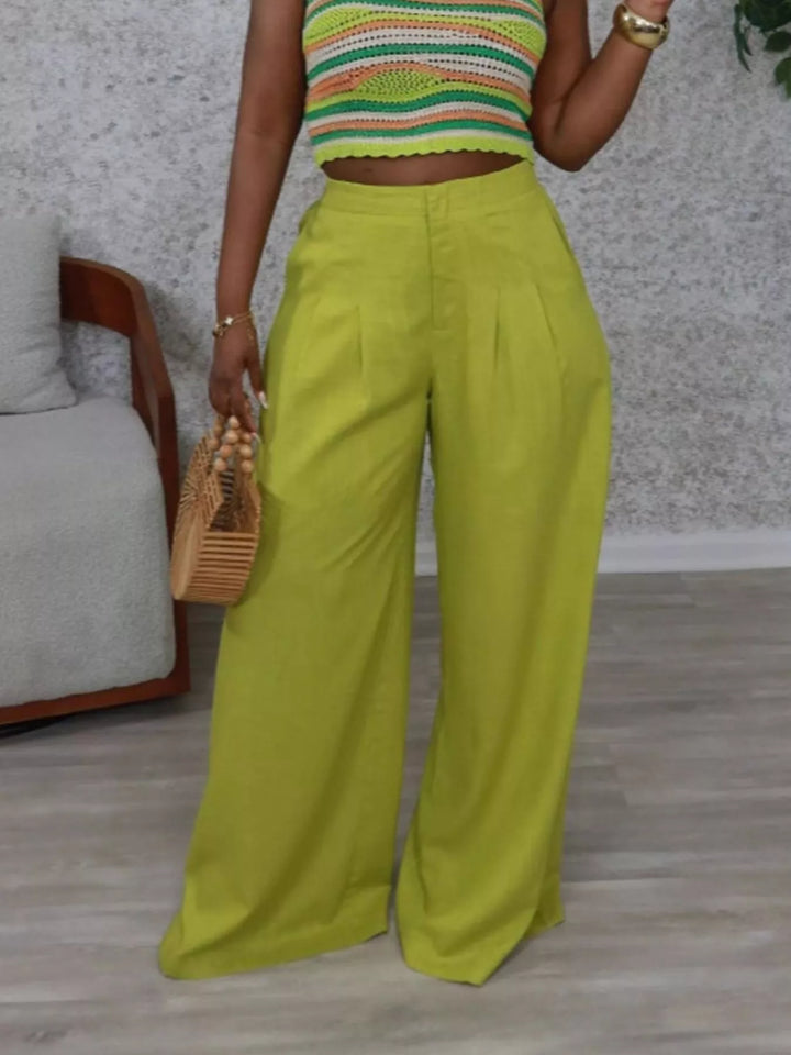Pleated high-rise wide-leg pants with pockets
