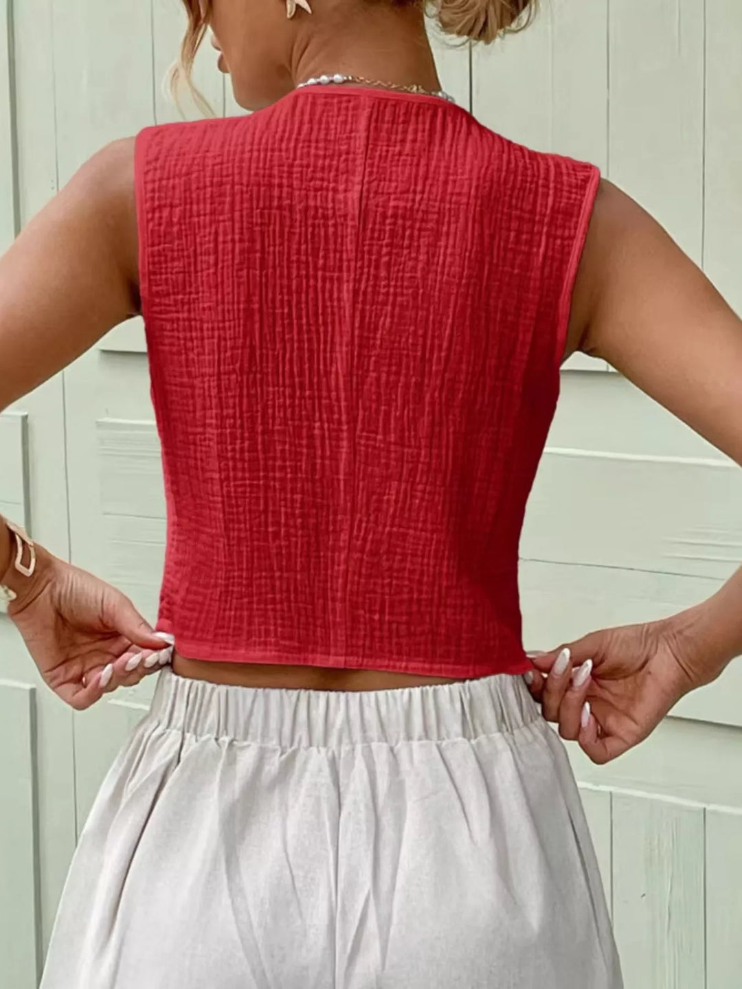 Textured cotton gauze button-front cropped vest