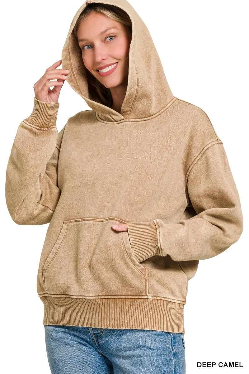 Acid wash fleece pullover hoodie with kangaroo pocket