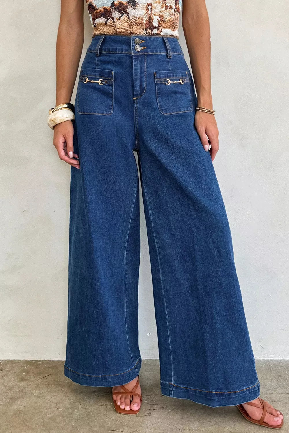 Navy Wide leg jeans with gold bit hardware patch pockets