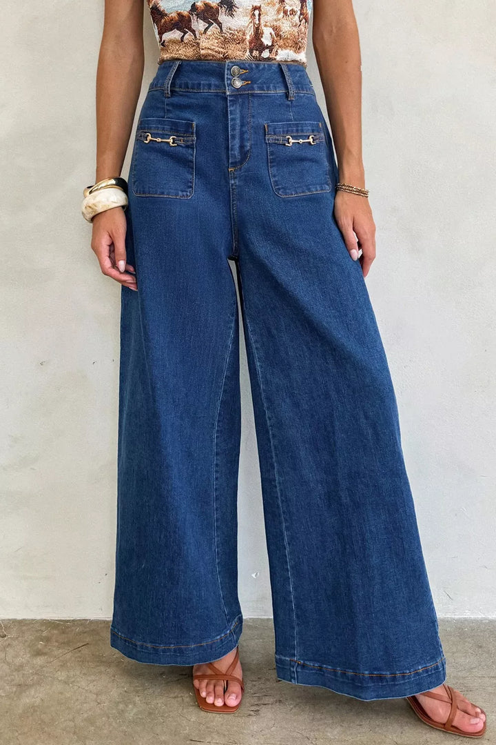 Navy Wide leg jeans with gold bit hardware patch pockets
