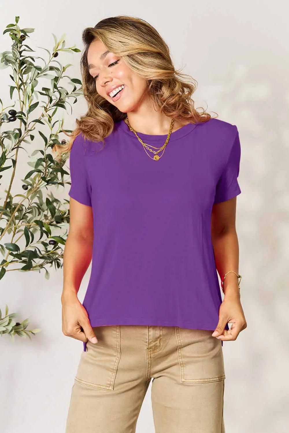 Purple Round neck short sleeve tee with side slit hem