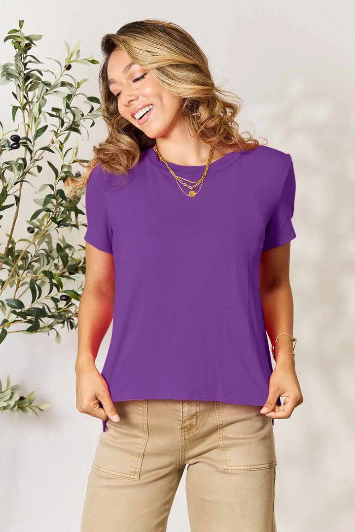 Purple Round neck short sleeve tee with side slit hem