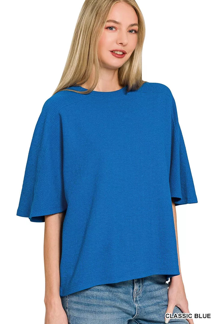 CLASSIC BLUE Waffle knit boxy short sleeve top with drop shoulders