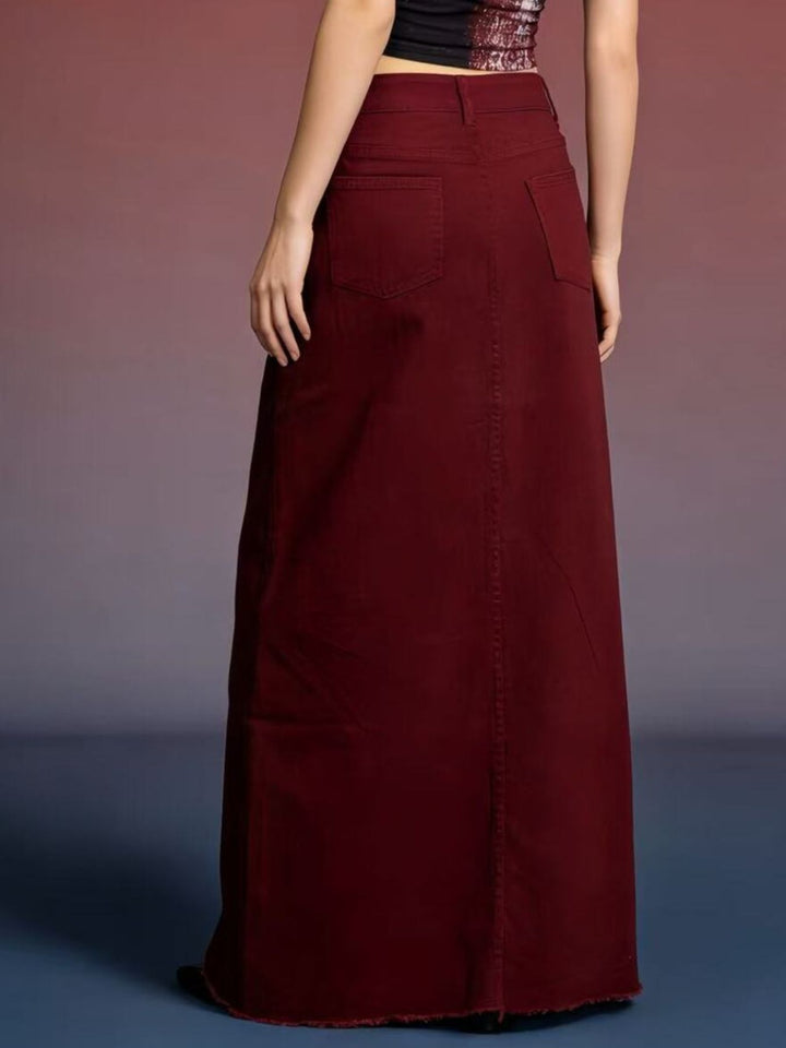 Raw hem maxi denim skirt with button closure and front pockets