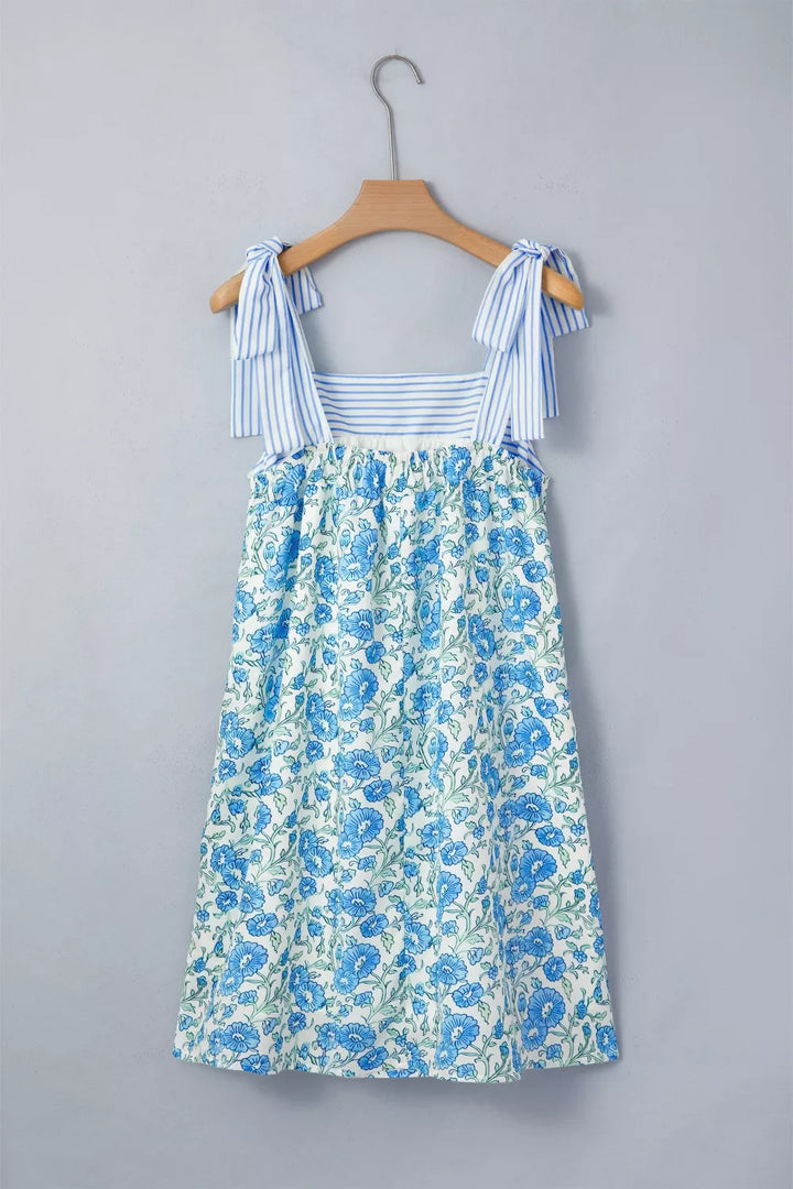 Floral babydoll mini dress with striped tie straps
