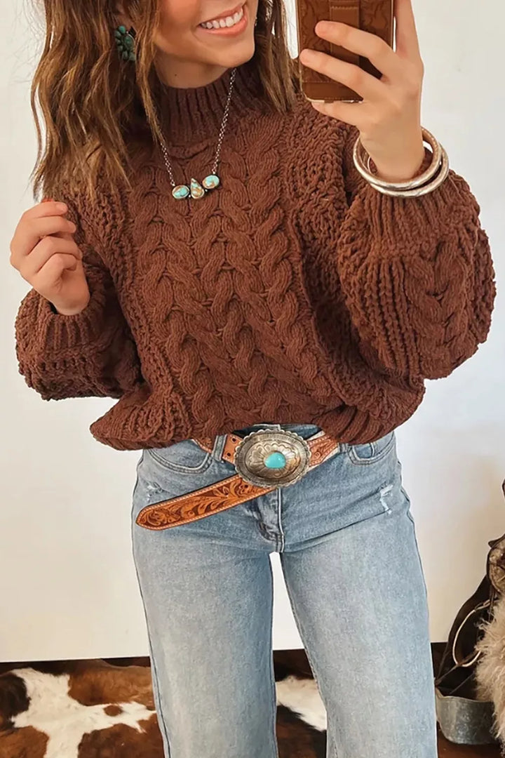Cable knit mock neck sweater with balloon sleeves