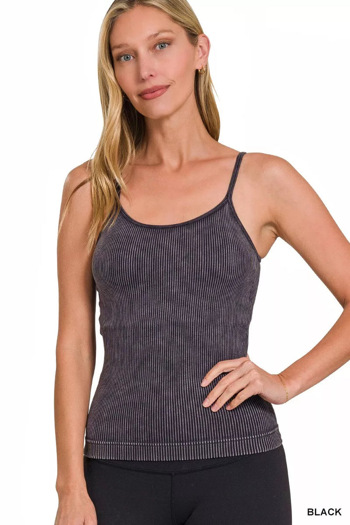Stone-washed ribbed seamless spaghetti-strap cami tank