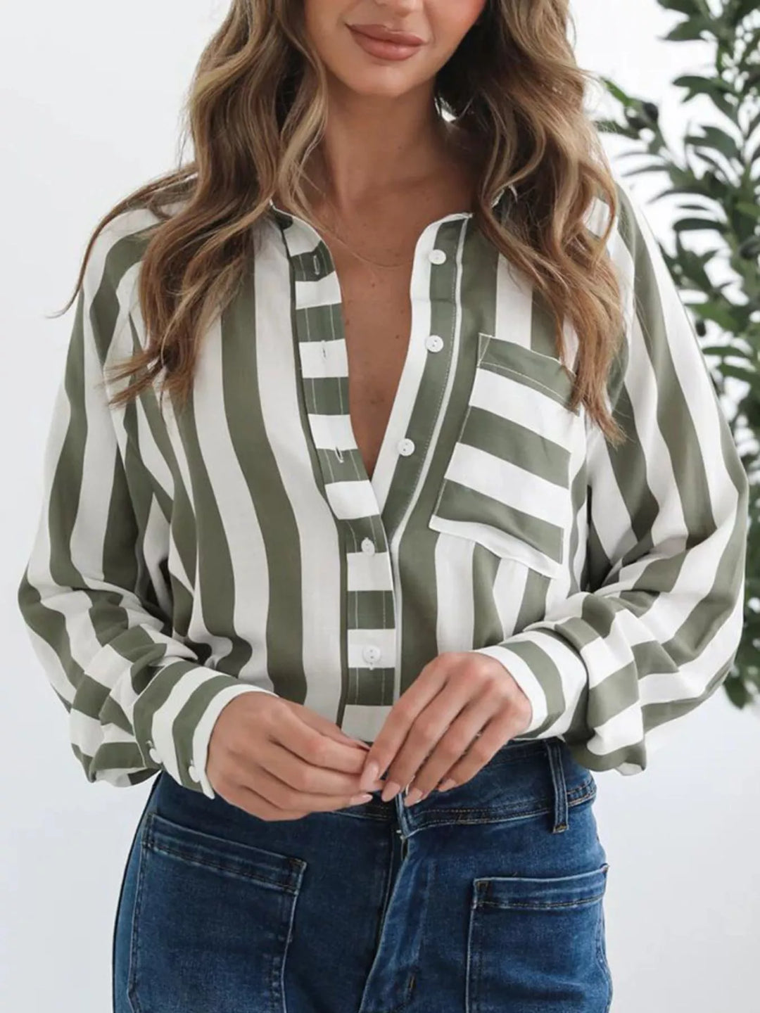 Striped long-sleeve button-down shirt with chest pocket
