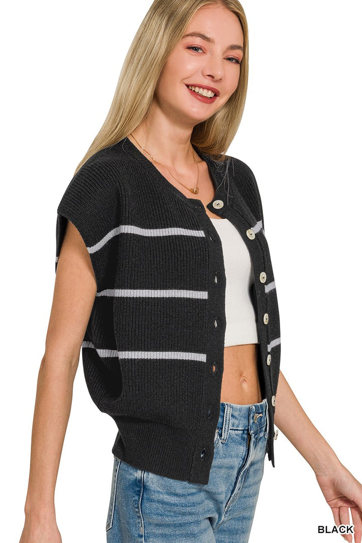 Ribbed striped sweater vest with button-down front